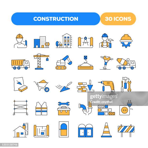 set of construction and buildings related flat line icons. outline symbol collection - construction vehicle stock illustrations