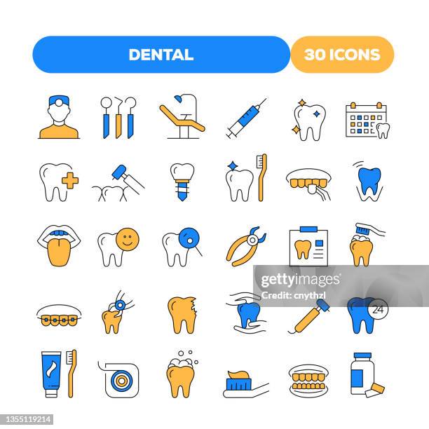 set of dental related flat line icons. outline symbol collection - human jaw bone stock illustrations