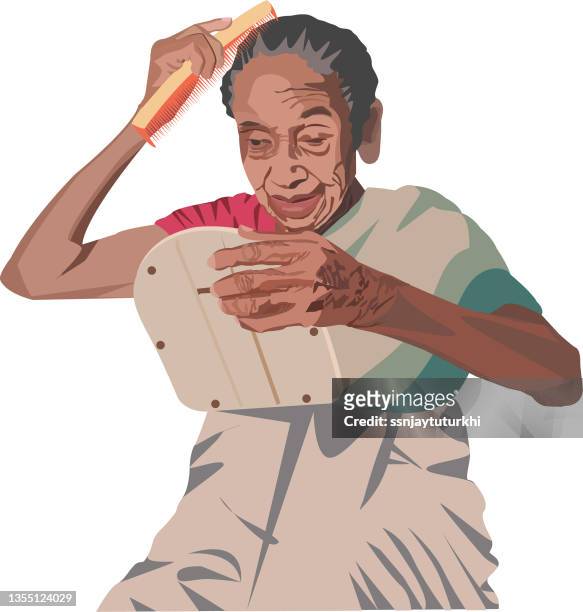 an old woman is combing her hair , mirror - beautiful hair at home stock illustrations