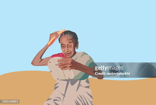 an old woman is combing her hair , mirror - beautiful hair at home stock illustrations