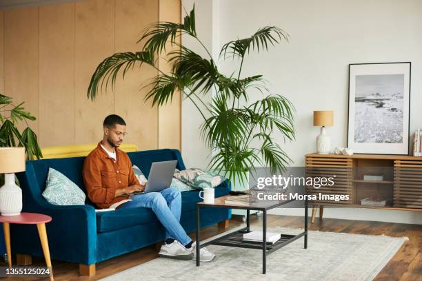 businessman using laptop in living room at home - man living room stockfoto's en -beelden