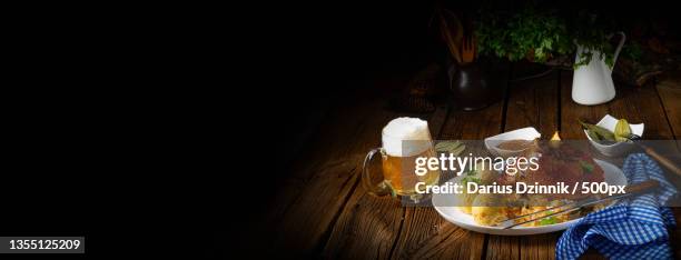 high angle view of food in plate on table - soße stockfoto's en -beelden