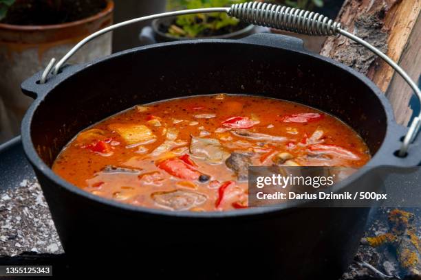 high angle view of food in cooking pan - feuer stock pictures, royalty-free photos & images