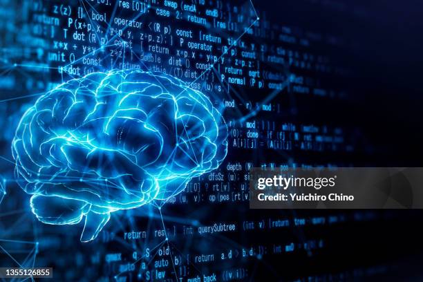 programming code and ai brain - brains foto e immagini stock