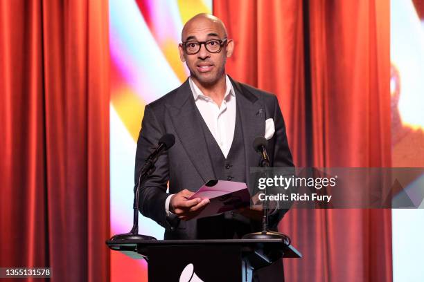 Harvey Mason jr., CEO of the Recording Academy speaks onstage during the 64th Annual GRAMMY Awards Nominations at the GRAMMY Museum on November 23,...