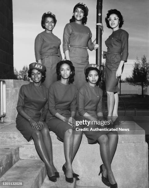 Six members of the Alpha Kappa Alpha Sorority attend the Annual AKA Week of Culture on campus at Virginia Union University, US, circa 1960; they are...