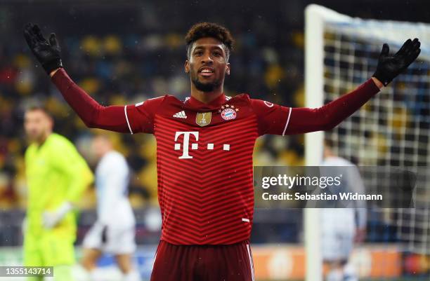 Kingsley Coman of FC Bayern Muenchen celebrates after scoring their side's second goal during the UEFA Champions League group E match between Dinamo...