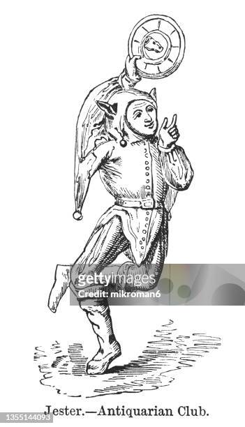 old engraved illustration of jester, member of the household of a nobleman or a monarch employed to entertain guests during the medieval and renaissance eras - jester ストックフォトと画像