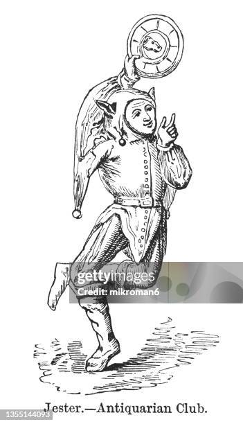 old engraved illustration of jester, member of the household of a nobleman or a monarch employed to entertain guests during the medieval and renaissance eras - jester stock pictures, royalty-free photos & images