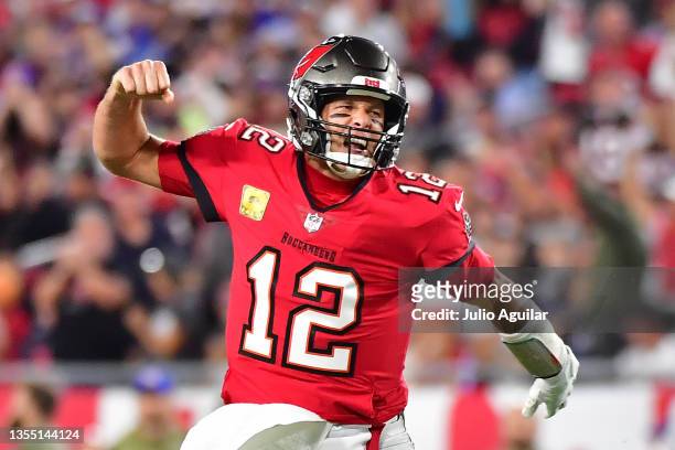 Tom Brady of the Tampa Bay Buccaneers reacts after running for a first down in the first quarter of the game against the New York Giants at Raymond...