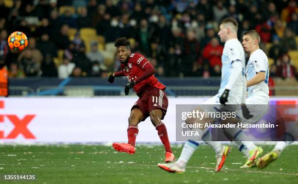 Kingsley Coman of FC Bayern Muenchen scores their side's second goal during the UEFA Champions League group E match between Dinamo Kiev and Bayern...