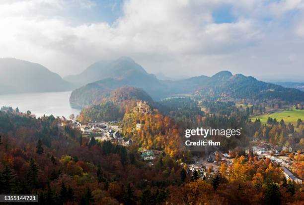 hohenschwangau castle and alps in bavaria/ germany (füssen, allgäu) - schwangau stockfoto's en -beelden