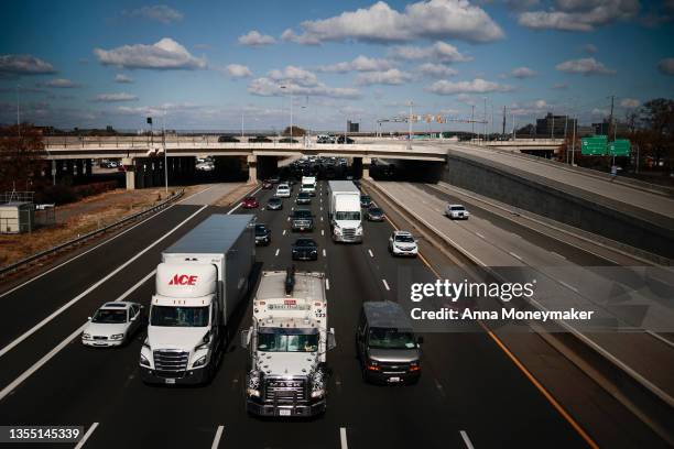 Traffic travels southbound along I-95 on November 23, 2021 in Springfield, Virginia. AAA says that 90% of Thanksgiving travelers will be be traveling...