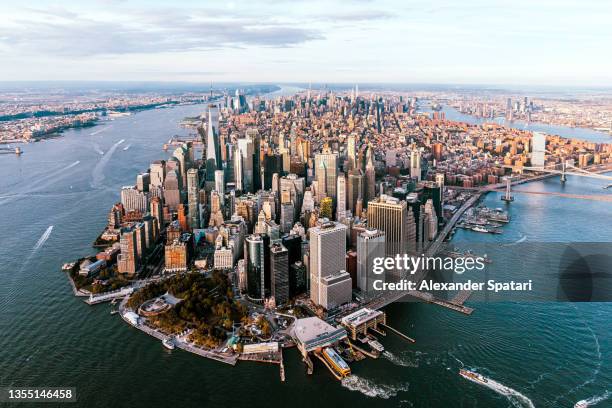 aerial view of loser manhattan skyline, new york city, usa - ニューヨーク　空撮 ストックフォトと画像