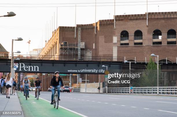 Cyclists commuting on city streets bike lanes with cars and traffic, University City, Philadelphia, Pennsylvania, USA.