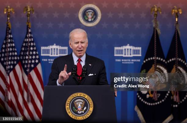 President Joe Biden speaks on the economy during an event at the South Court Auditorium at Eisenhower Executive Office Building on November 23, 2021...