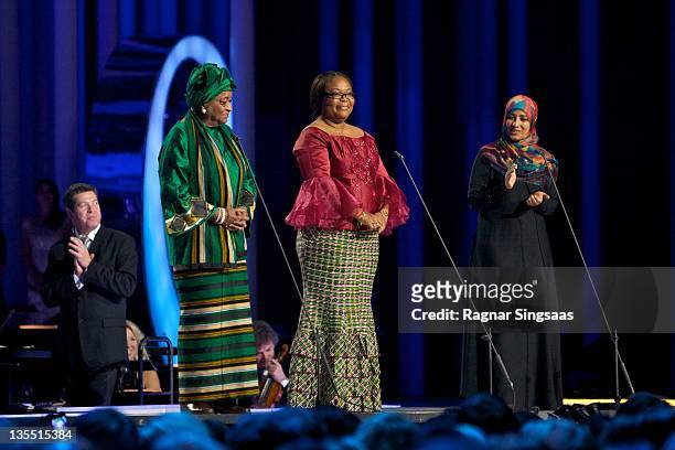 The Nobel Peace Prize laureates Ellen Johnson Sirleaf, Leymah Gbowee and Tawakul Karman speak onstage during the Nobel Peace Prize Concert at Oslo...