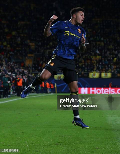 Jadon Sancho of Manchester United celebrates scoring their second goal during the UEFA Champions League group F match between Villarreal CF and...