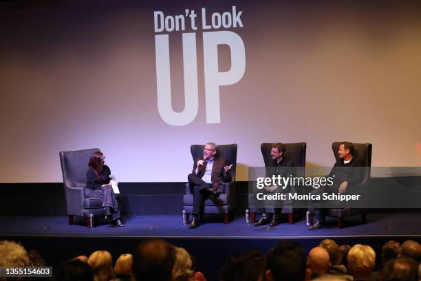 Tomris Laffly, Adam McKay, Nicholas Britell and Kevin J. Messick speak onstage during Netflix's Don't Look Up NYC Tastemaker Screening at the Whitby...