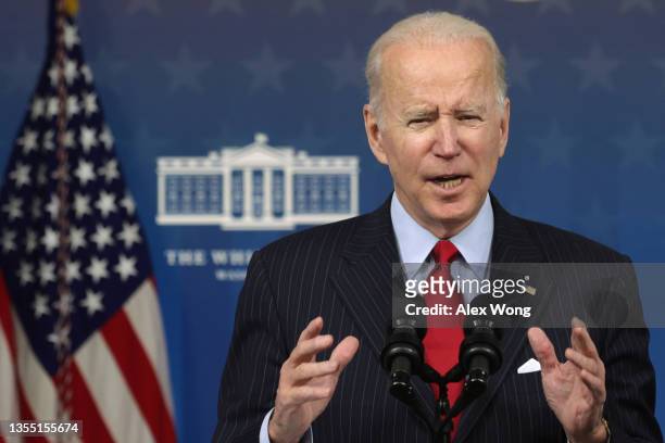 President Joe Biden speaks on the economy during an event at the South Court Auditorium at Eisenhower Executive Office Building on November 23, 2021...