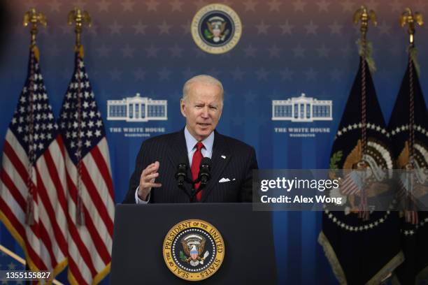 President Joe Biden speaks on the economy during an event at the South Court Auditorium at Eisenhower Executive Office Building on November 23, 2021...