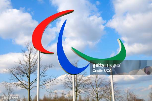 Paralympics Agitos logo at the Queen Elizabeth Olympic Park in Stratford in east London.