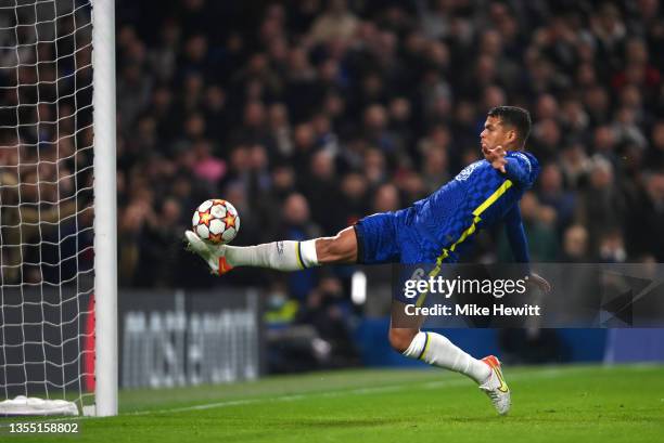 Thiago Silva of Chelsea makes a goal line clearance during the UEFA Champions League group H match between Chelsea FC and Juventus at Stamford Bridge...