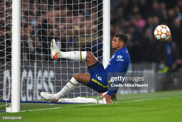 Thiago Silva of Chelsea makes a goal line clearance during the UEFA Champions League group H match between Chelsea FC and Juventus at Stamford Bridge...