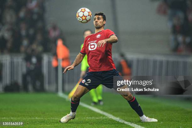 Zeki Celik of Lille stops the ball during the UEFA Champions League group G match between Lille OSC and RB Salzburg at Stade Pierre-Mauroy on...