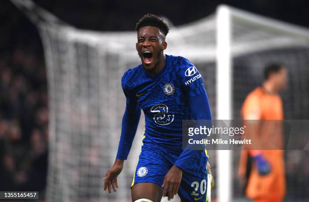 Callum Hudson-Odoi of Chelsea celebrates after scoring their side's third goal during the UEFA Champions League group H match between Chelsea FC and...