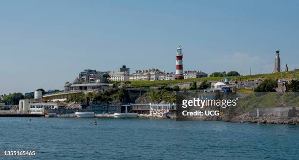 Plymouth, Devon, England, UK, View of the Plymouth waterfront properties seen from Plymouth Sound viewing Plymouth Hoe, Smeatons Tower and Tinside...