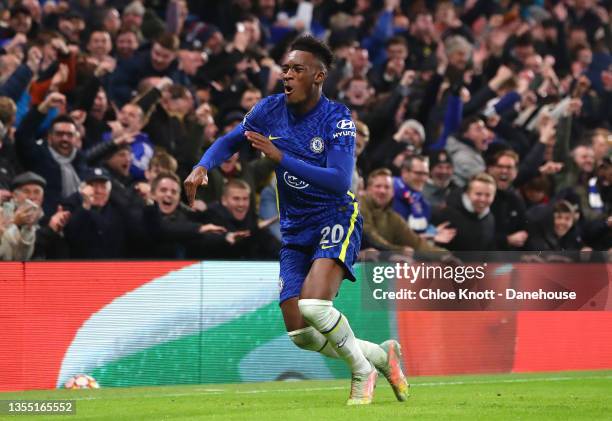 Callum Hudson Odoi of Chelsea FC celebrates scoring his teams third goal during the UEFA Champions League group H match between Chelsea FC and...