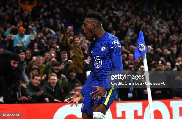 Callum Hudson-Odoi of Chelsea celebrates after scoring their side's third goal during the UEFA Champions League group H match between Chelsea FC and...