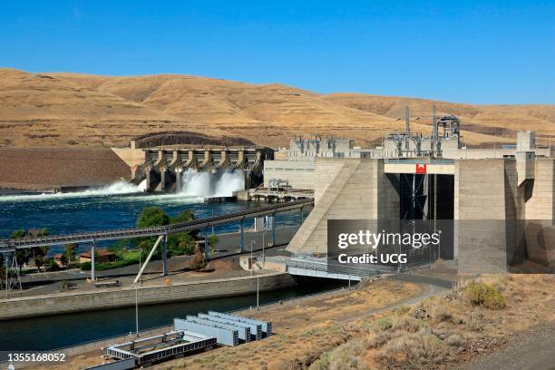 Little Goose Lock and Dam on the lower Snake River in southeastern Washington state showing dam and spillway and lock, Little Goose Lock and Dam is...