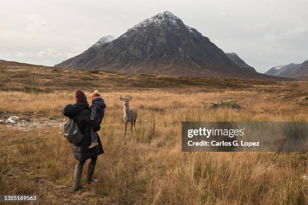 mother and daughter encounter a a wild deer in front of the majestic buachaille etive mor mountain in an autumn coloured glen etive, highlands of scotland, united kingdom - shoes top view stockfoto's en -beelden