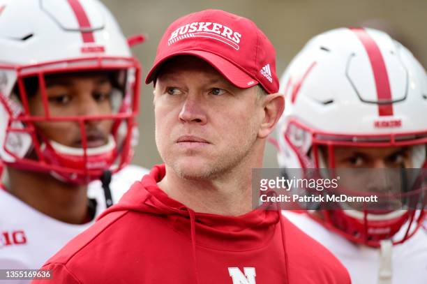 Head coach Scott Frost of the Nebraska Cornhuskers looks on before a game against the Wisconsin Badgers at Camp Randall Stadium on November 20, 2021...