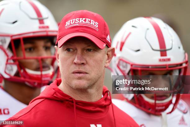 Head coach Scott Frost of the Nebraska Cornhuskers looks on before a game against the Wisconsin Badgers at Camp Randall Stadium on November 20, 2021...