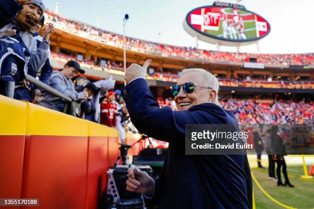 Jerry Jones, owner of the Dallas Cowboys, signs autographs for fans prior to the game between the Kansas City Chiefs and the Dallas Cowboys at...
