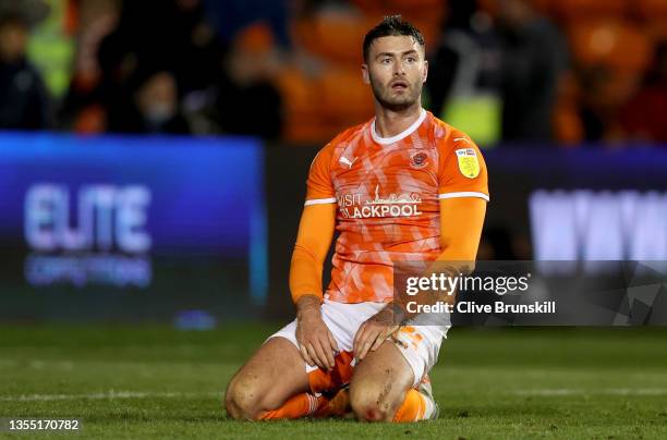 Gary Madine of Blackpool reacts after a missed chance during the Sky Bet Championship match between Blackpool and West Bromwich Albion at Bloomfield...