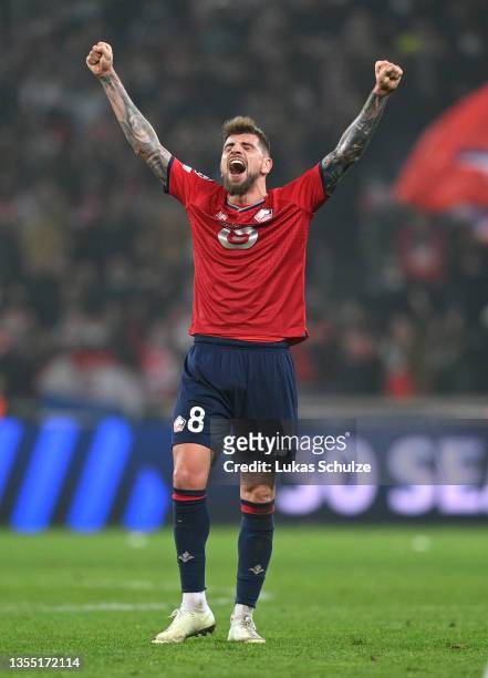 Xeka of Lille OSC celebrates their side's victory after the UEFA Champions League group G match between Lille OSC and RB Salzburg at Stade...