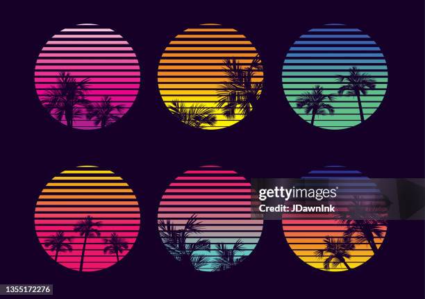 stockillustraties, clipart, cartoons en iconen met colorful vintage sunset collection with palm trees in vibrant gradient colors 70s 80s retro sunset set - sunset