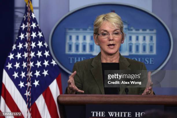 Secretary of Energy Jennifer Granholm speaks during a White House daily news briefing at the James S. Brady Press Briefing Room of the White House on...