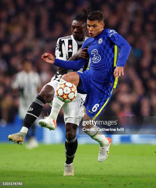 Thiago Silva of Chelsea battles for possession with Moise Kean of Juventus during the UEFA Champions League group H match between Chelsea FC and...