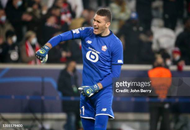 Goalkeeper of Lille Ivo Grbic celebrates the victory following the UEFA Champions League group G match between Lille OSC and RB Salzburg at Stade...
