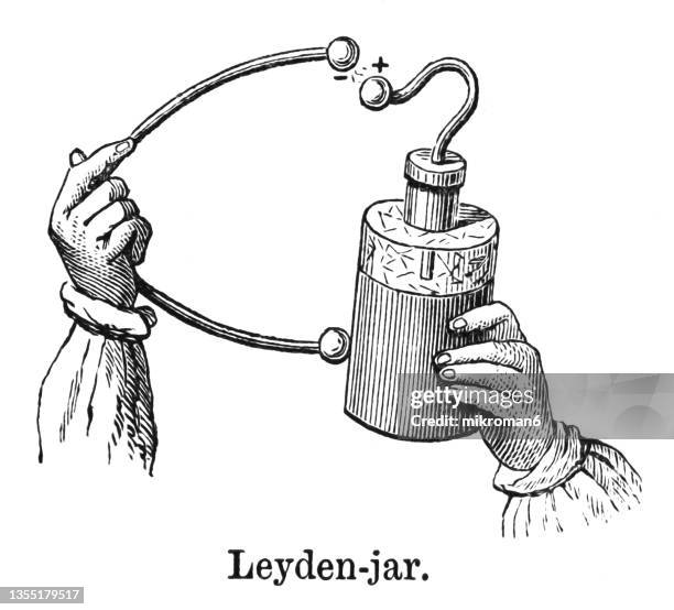 old engraved illustration of electricity - a leyden jar or leiden jar - leyden jar stock pictures, royalty-free photos & images