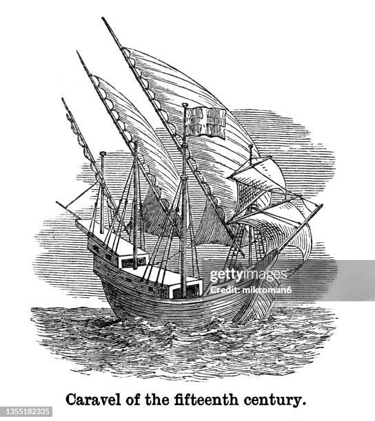 old engraved illustration of caravel, sailing ship of the fifteenth century - carabelas fotografías e imágenes de stock