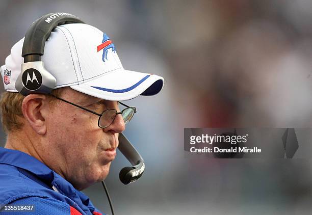 Head Coach Chan Gailey of the Buffalo Bills looks on from the sidelines against the San Diego Chargers during their NFL Game on December 11, 2011 at...