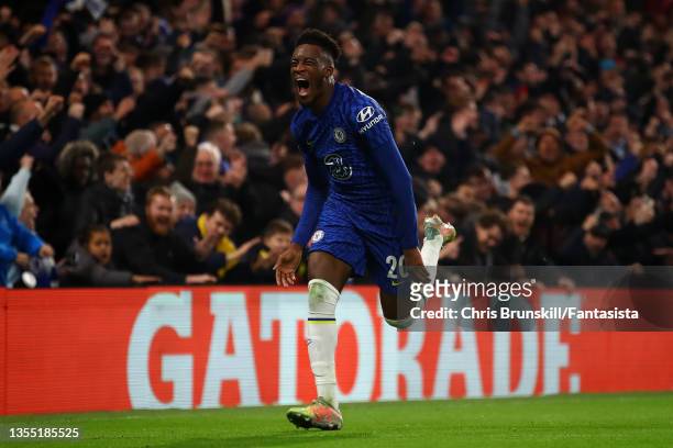 Callum Hudson-Odoi of Chelsea celebrates scoring his side's third goal during the UEFA Champions League group H match between Chelsea FC and Juventus...