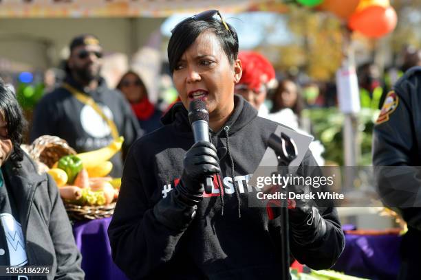 Mayor of Atlanta Keisha Lance Bottoms speaks during T.I.'s 16th Annual Turkey Drive at Jackson Memorial Baptist Church on November 23, 2021 in...