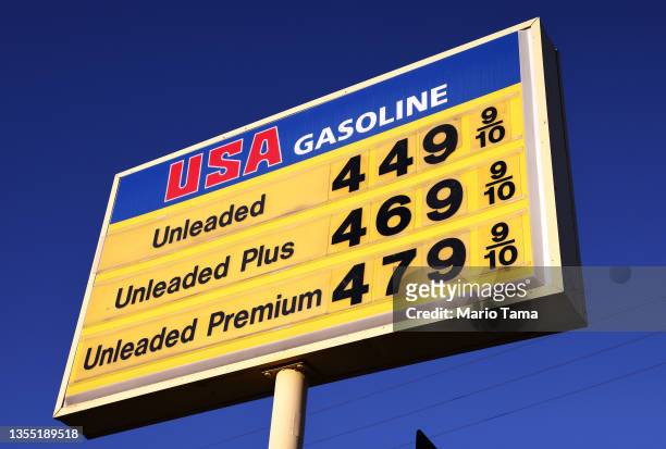 Gasoline prices are displayed outside a gas station on November 23, 2021 in Los Angeles, California. President Biden announced a plan to release oil...